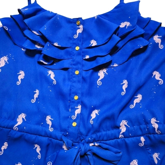 L'Amour Nanette Lepore Seahorse Print Blue Romper Button-Up Ruffle Size Medium - Picture 5 of 6